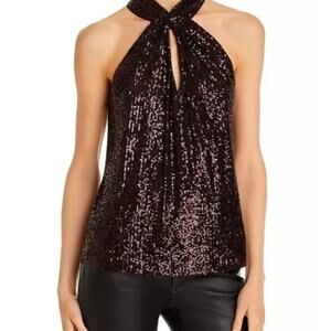 Parker Dallas Women's Sequin Twist Halter Sleeveless Top in Bordeaux | Large